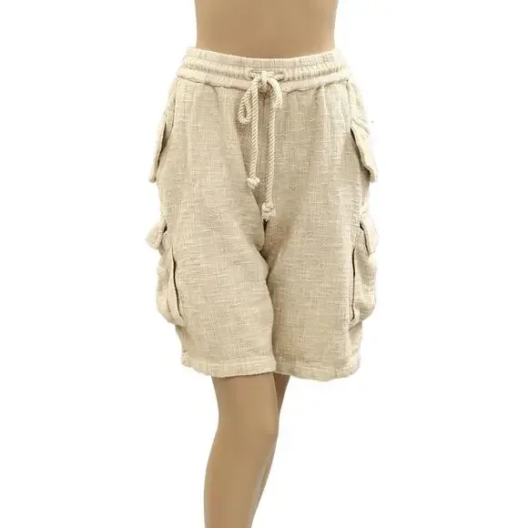 Free People Sea La Vie Cargo Shorts Mid Rise Pull-on Beach Beige Sz S #765 - Picture 3 of 13